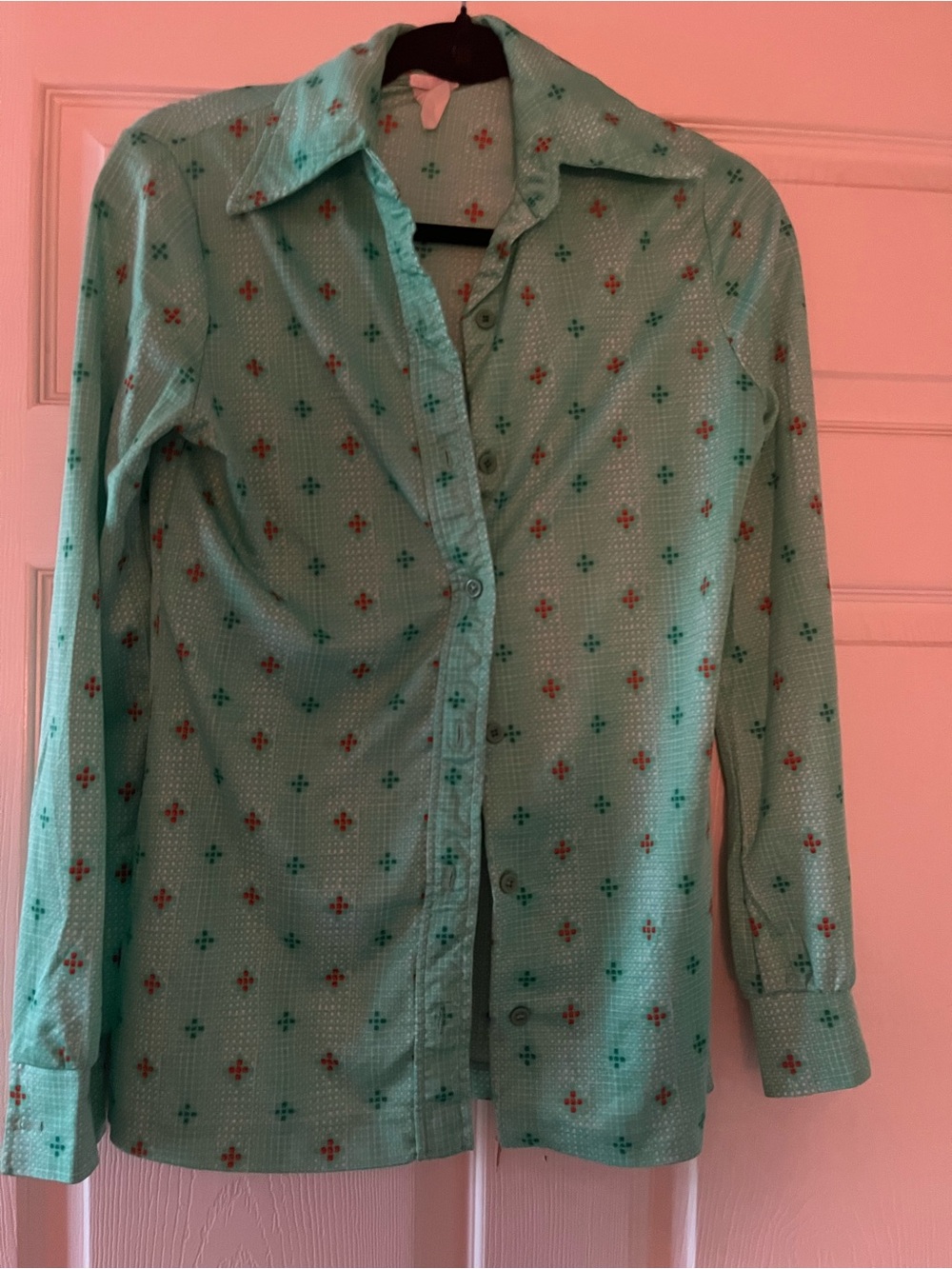Vintage Green Button-Down Shirt with Red and Teal Motif
